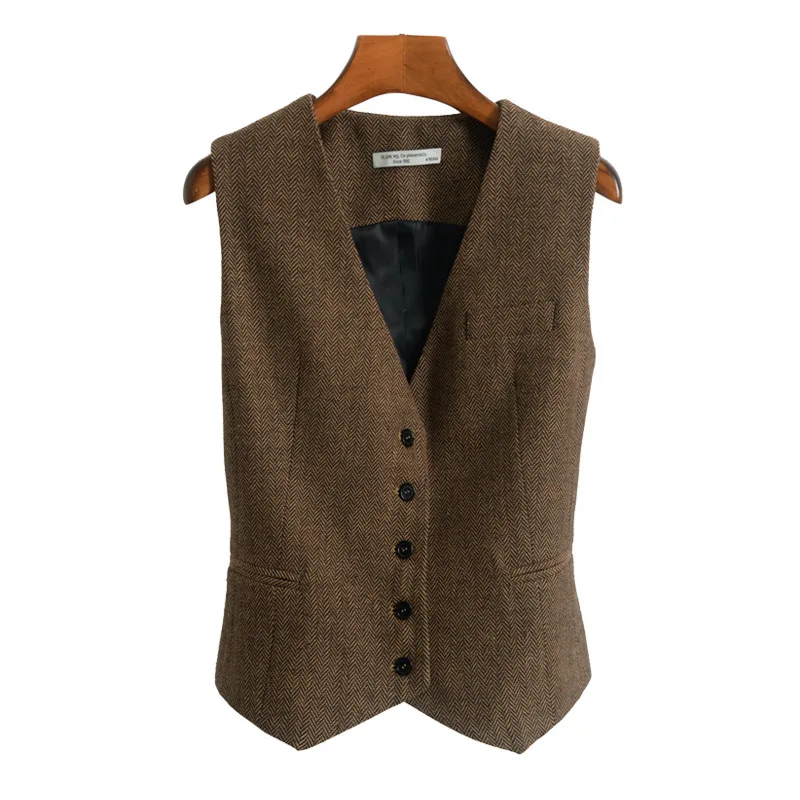 Women’s Suit Vest Herringbone Tweed V-neck 4 button Vest Ladies Retro Slim Fit Sleeveless Waistcoat steampunk femme