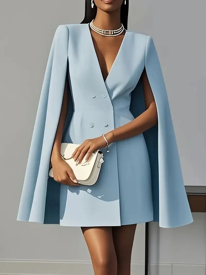 Women's suit dress for autumn office wear, double-breasted cape-like cloak, solid color V-neck suit jacket - Image 4