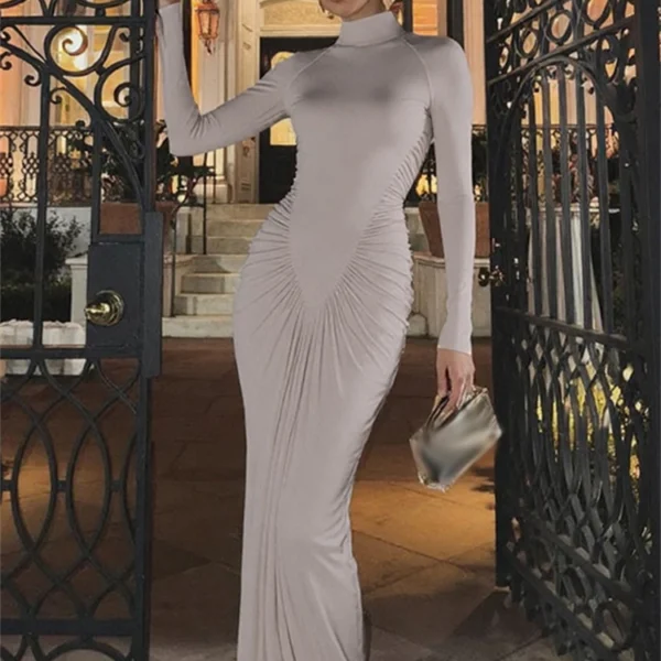 Nsauye Dress For Women Turtleneck Fashion Sexy Night Club Party Holiday Maxi Evening Bodycon Ruched Dress 2025 Winter Autumn