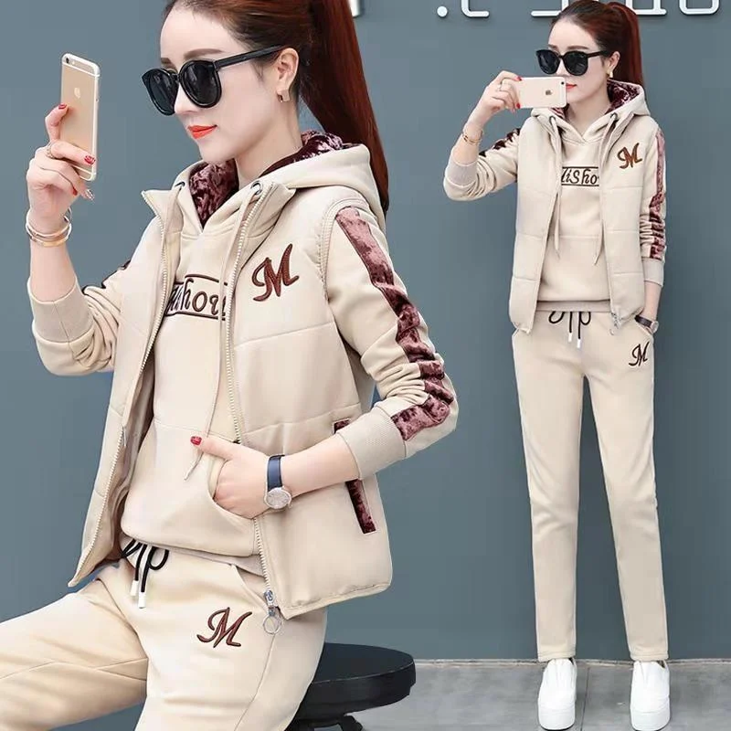Women’s Casual Fashion Autumn Winter New Sweat Suit Plush Thickened Hooded Tops and Waistcoat Pants 3 Three Piece Sets For Women