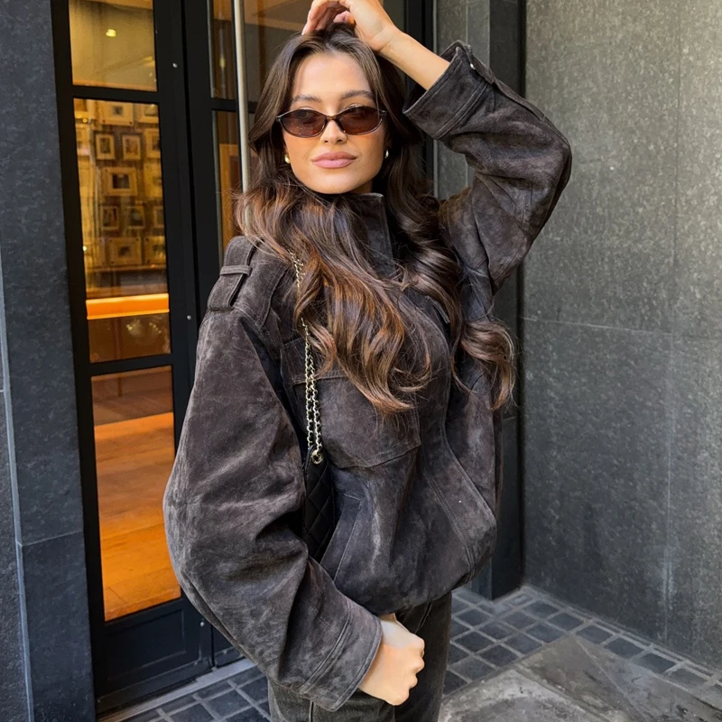 Women’s Jacket Black Suede Jacket New Coats And Jackets Lady Autumn 2025 New Collection Long Sleeve Tops Comfortable Streetwear