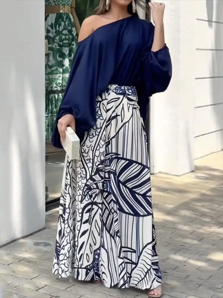 Missuoo Women’s 2025 Spring New Elegant Sets One-shoulder Puff Sleeves T-shirt & High Waisted Printed Wide Leg Pants Casual Suit