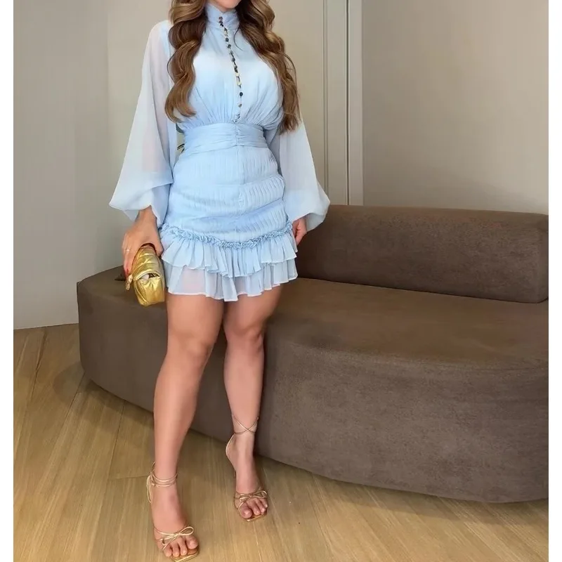 Women’s Clothing 2025 Autumn New Stand-up Collar Lantern Sleeve Ruffle Edge Waist Dress Elegant Dating Dress