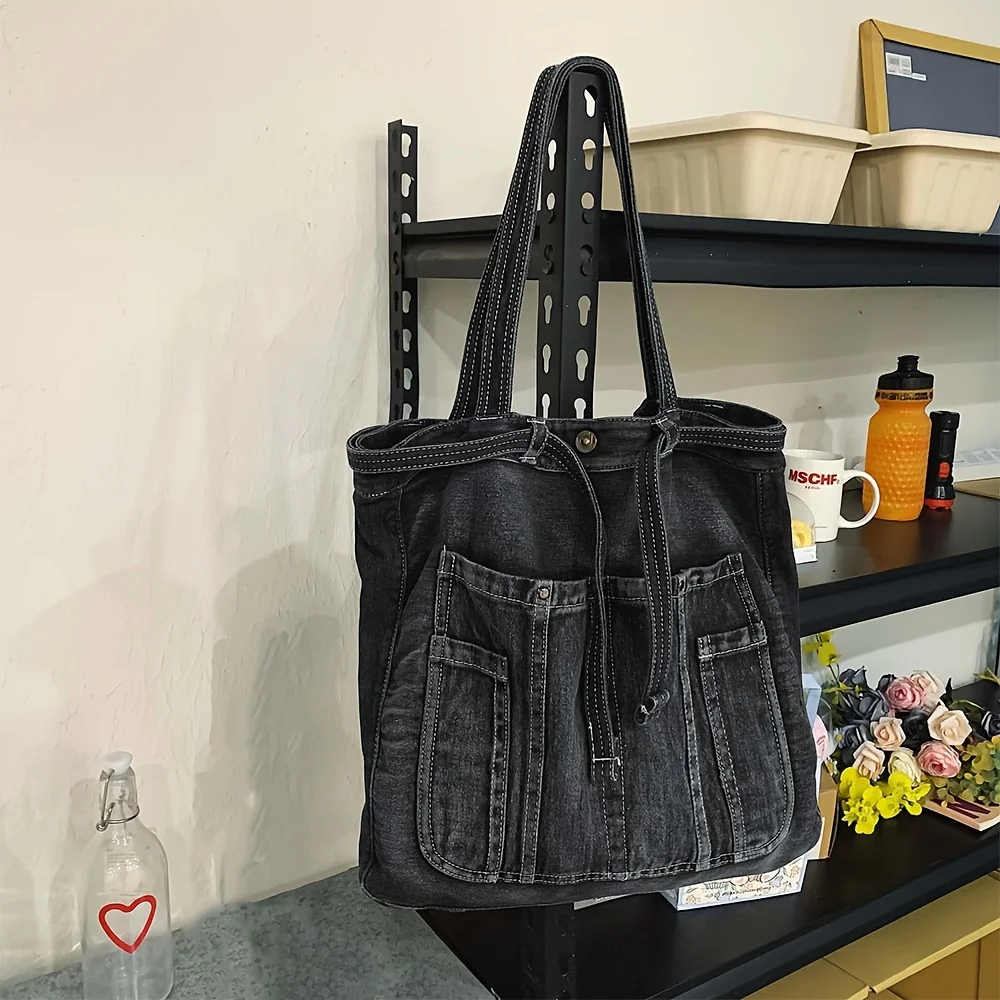 Casual Handbag Large Capacity Denim Tote Bag Fashionable Everything High Appearance Level Shoulder Bag Commuter Underarm Bag - Image 6