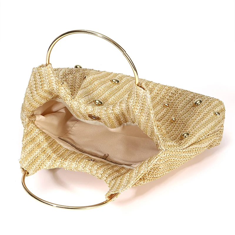 Beaded Straw Handbag,Boho Evening Bag Elegant Clutch Purse Bag with Circle Handle,Summer Beach Vacation Grass Woven Tote Bag