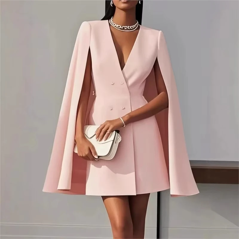 Women's suit dress for autumn office wear, double-breasted cape-like cloak, solid color V-neck suit jacket - Image 7