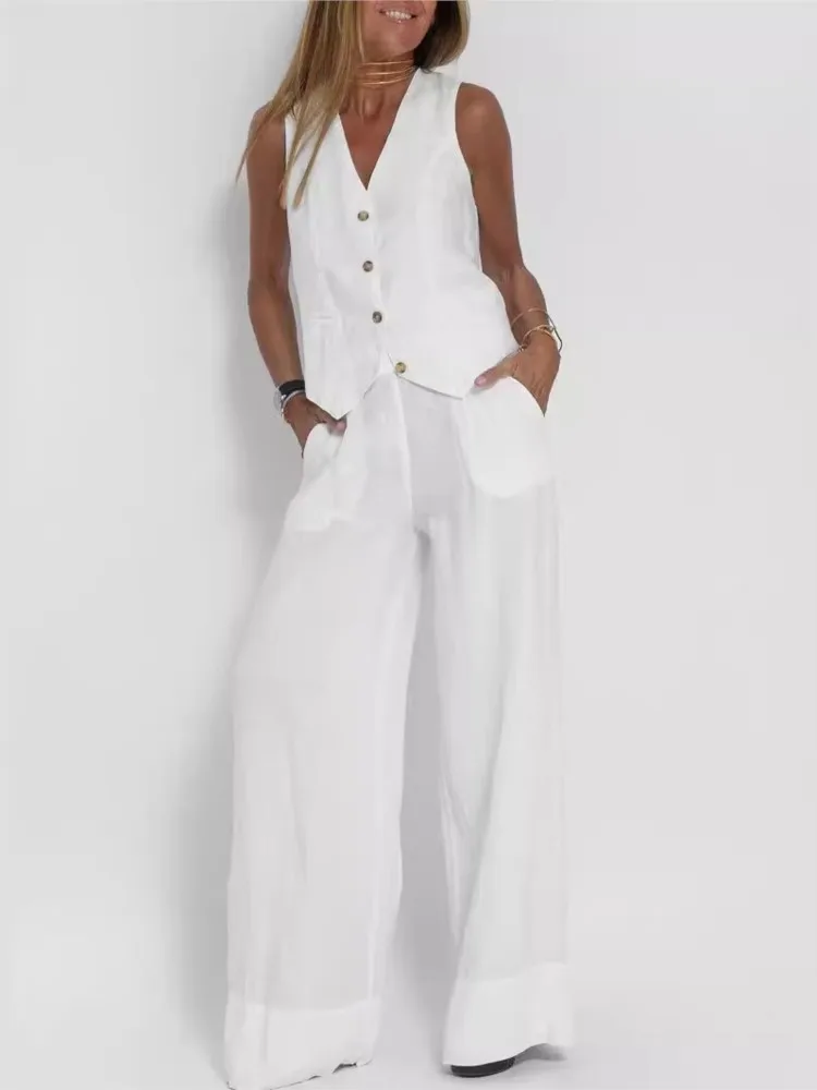Women’s Clothing 2024 Spring Summer New Fashionable Vest Pants Collage Splicing Pure Sleeveless Color Temperament Casual Suit