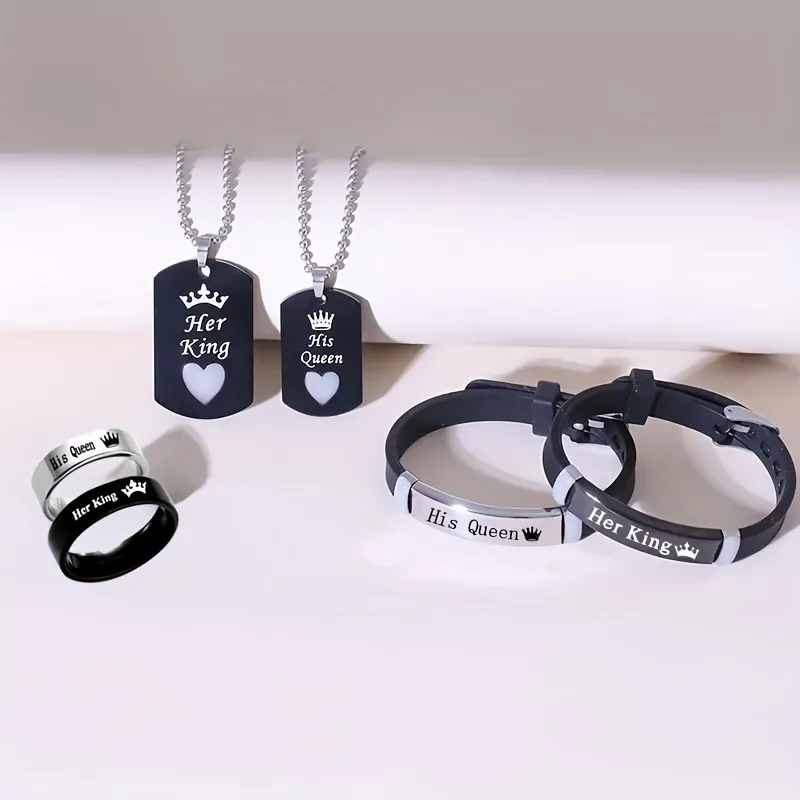 Stainless Steel Luminous Her King&His Queen Crown Jewelry Sets for Women Necklace Bracelet Ring Statement Couple Jewelry Gifts