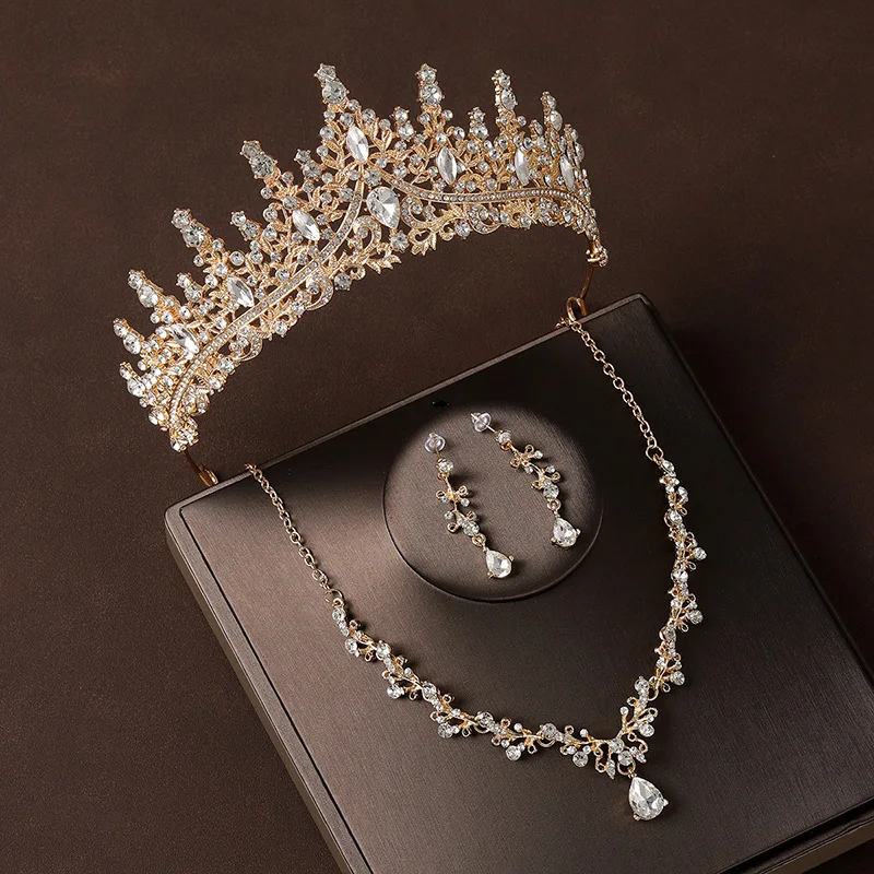 Bridal Wedding Jewelry 4-piece Set, Alloy Crystal Crown&Crystal Necklace&Earrings Women’s Classic Wedding Tiaras