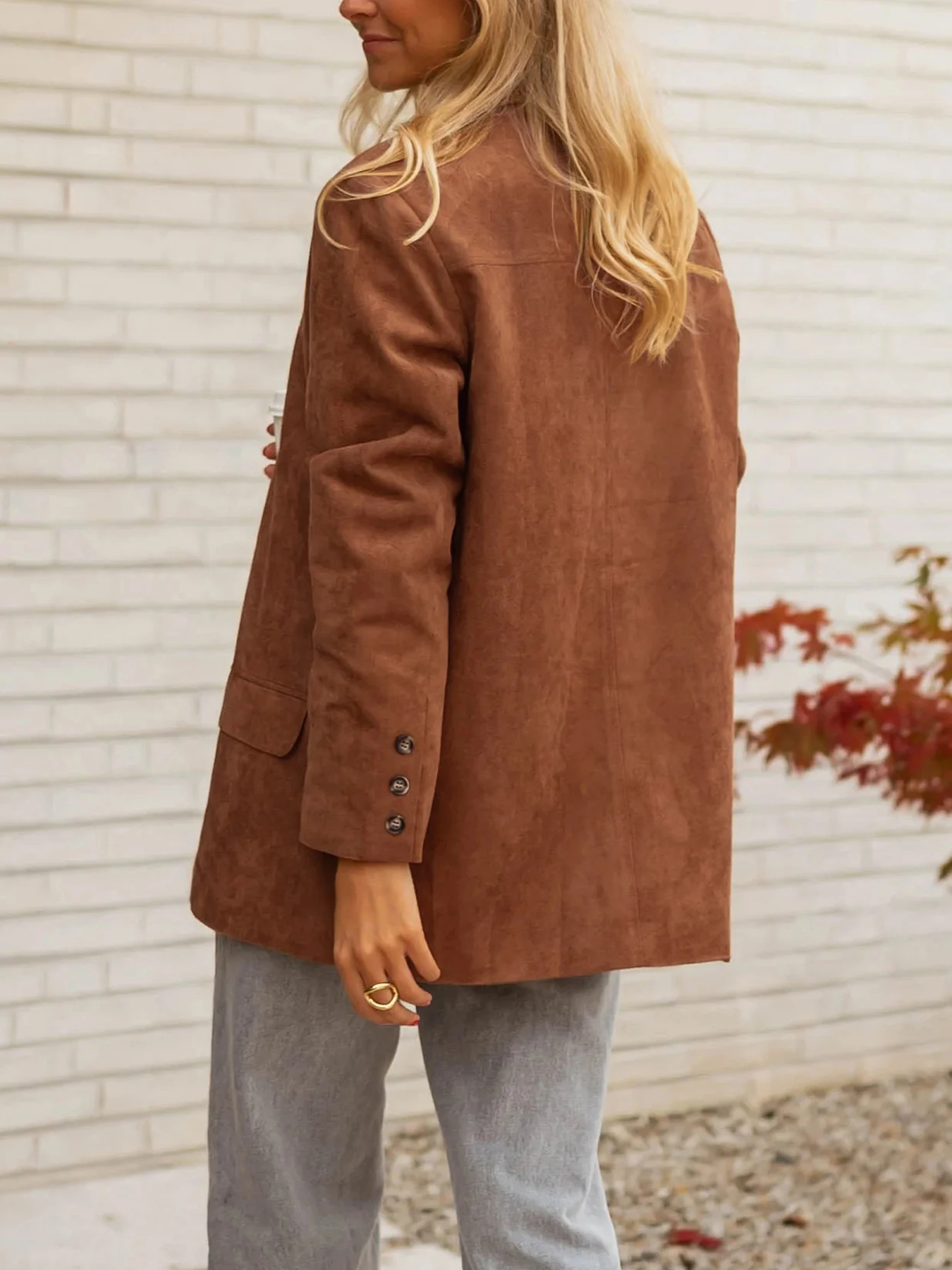 Women’s Suede Loose Coat, Elegant Fall & Winter Buttoned Blazer Jacket, Plain Pattern, Moderate Fabric Thickness, Loose Fit