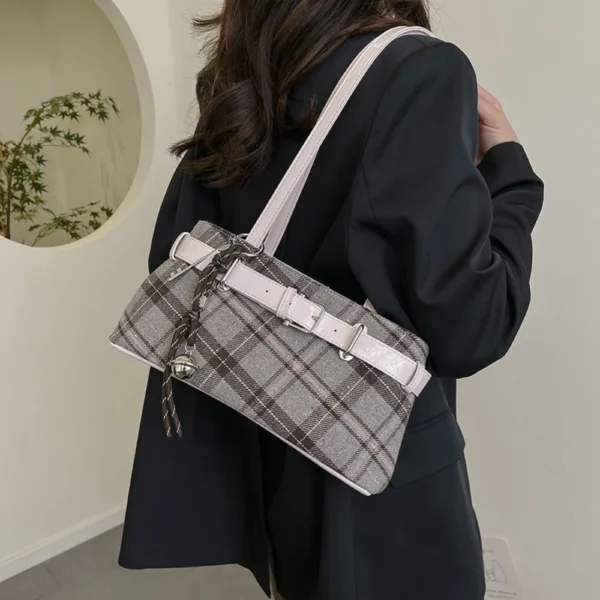Fashion Handbag Boho Shoulder Bag Bell Pendant Lightweight Underarm Bag Plaid Tote Bag Women