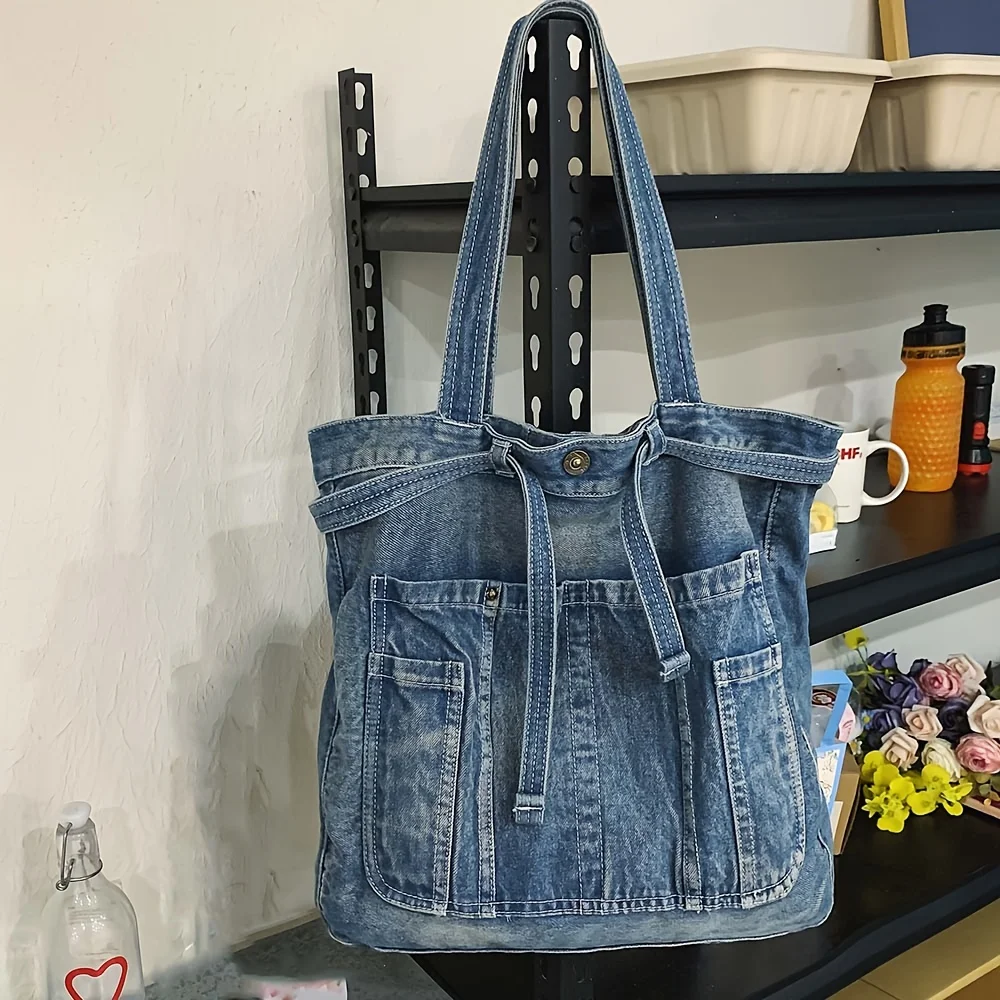 Casual Handbag Large Capacity Denim Tote Bag Fashionable Everything High Appearance Level Shoulder Bag Commuter Underarm Bag - Image 7