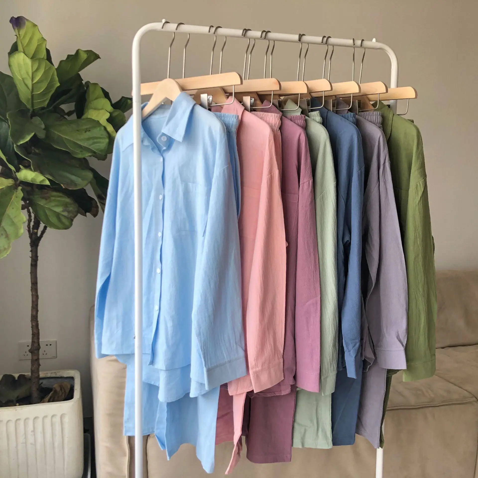 Women’s Suit High Waist Loose Casual Cotton Linen 2-piece Set Wide Leg Pant Jacket Sets Solid Button Polo Neck Shirts Women