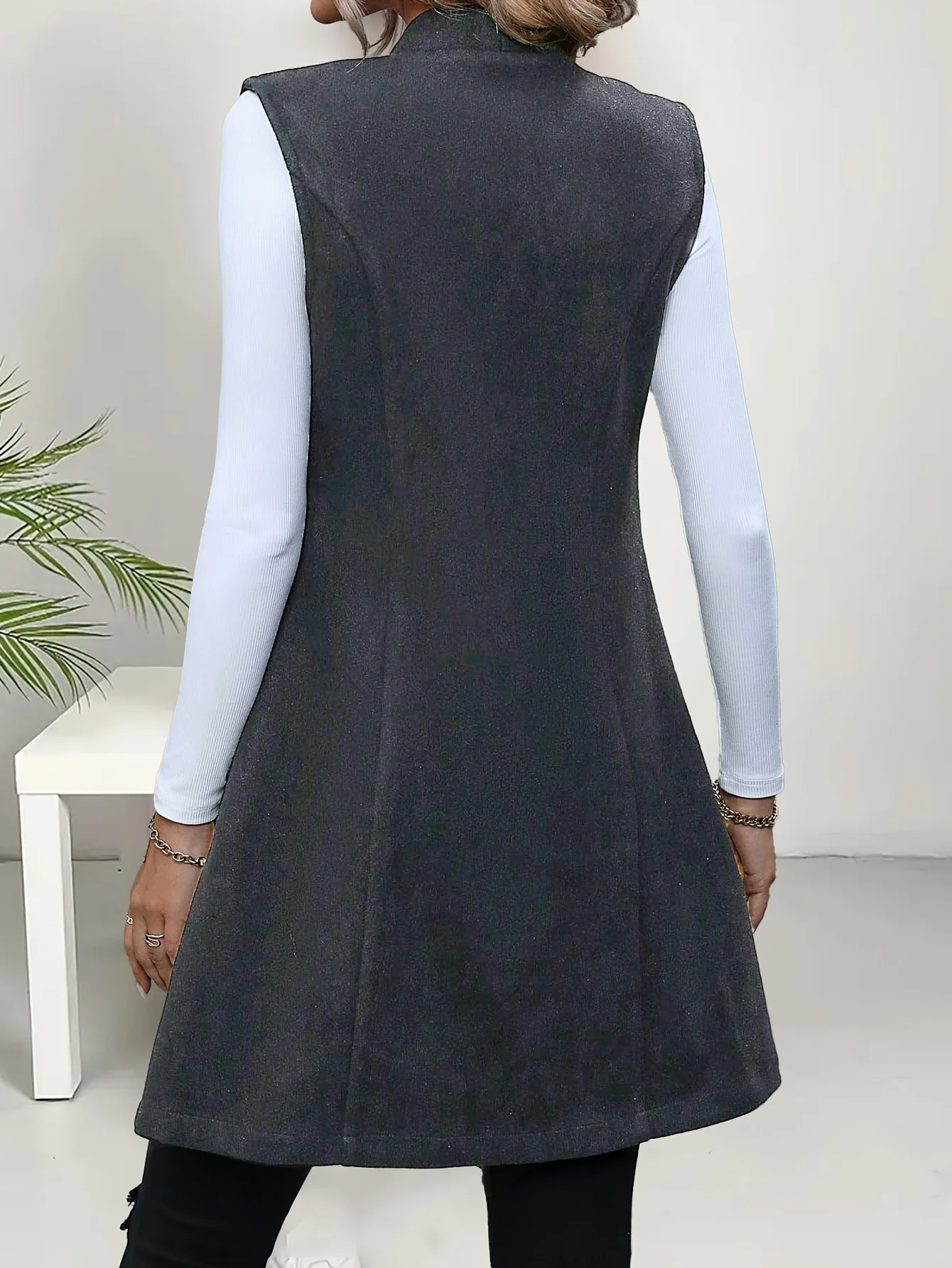 New women’s elegant stand-up collar sleeveless vest, long button-down vest, casual office jacket.