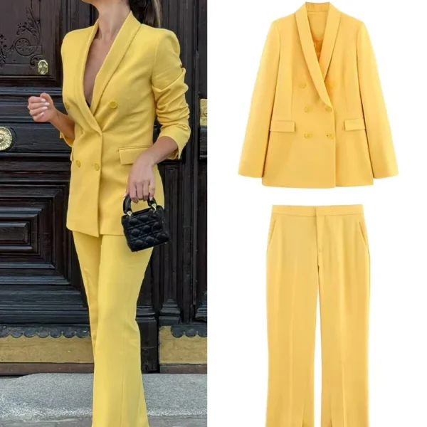 HH Women Spring Suit Turn-Down Collar Long Sleeves Double-Breasted Blazers+Mid Waist Zipper Flared Pants Women Casual Set