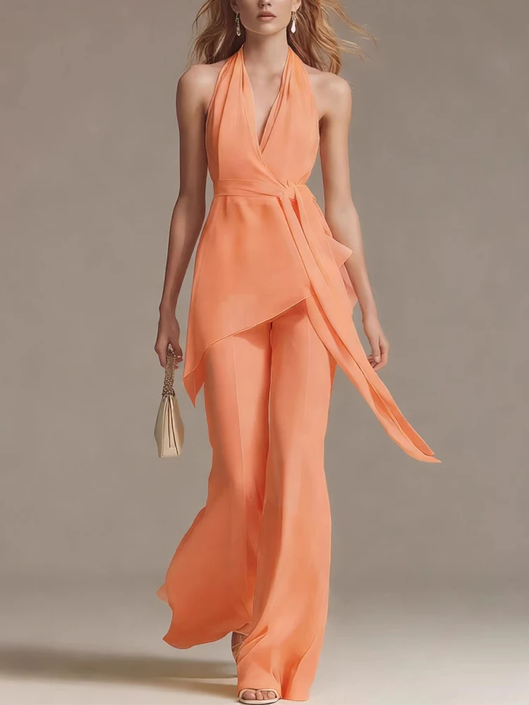 Women’s Casual Sleeveless Lace-Up Solid Outfits Fashion Simples Draped 2Pc Suits Sexy Halter Backless Top & Wide Leg Pant Sets