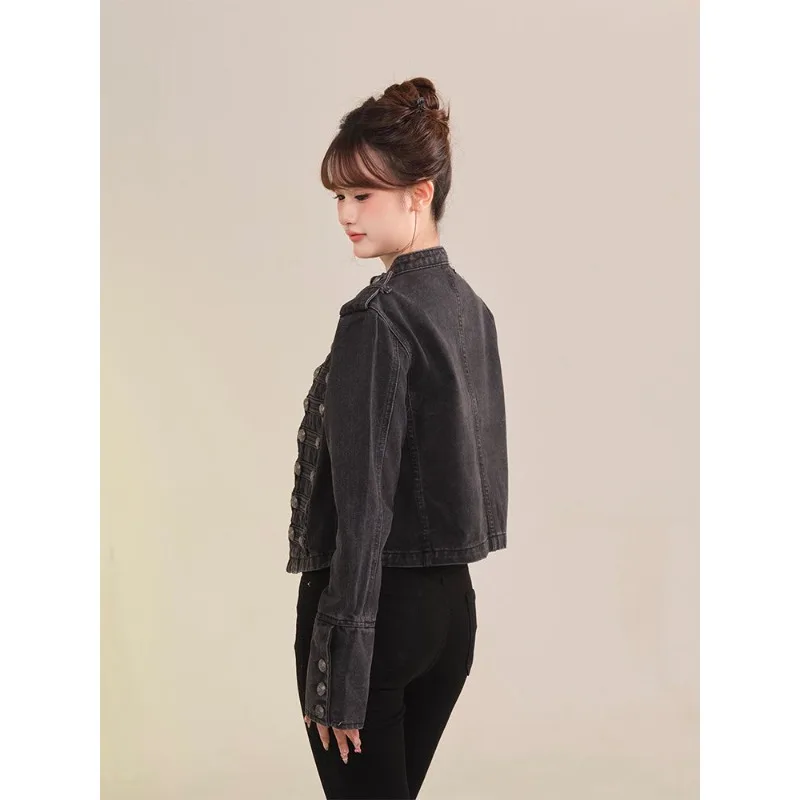 Women’s Clothing Short Coat New Jeans Jacket Retro Button Design Slim Stand-up Collar Long Sleeves Denim Top Jacket Short Coat