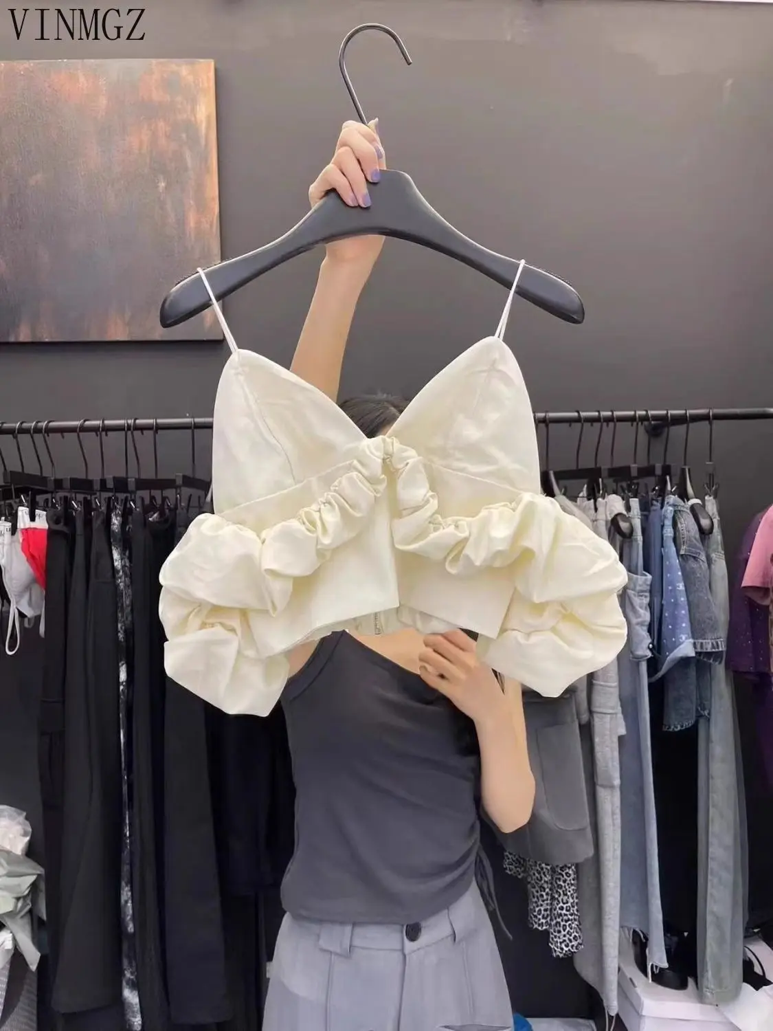 Women’s clothing 2025 spring and summer new V-neck off-the-shoulder bubble sleeve pleated short suspender vest women