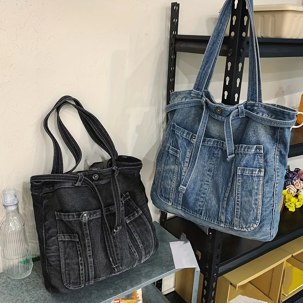 Casual Handbag Large Capacity Denim Tote Bag Fashionable Everything High Appearance Level Shoulder Bag Commuter Underarm Bag - Image 3