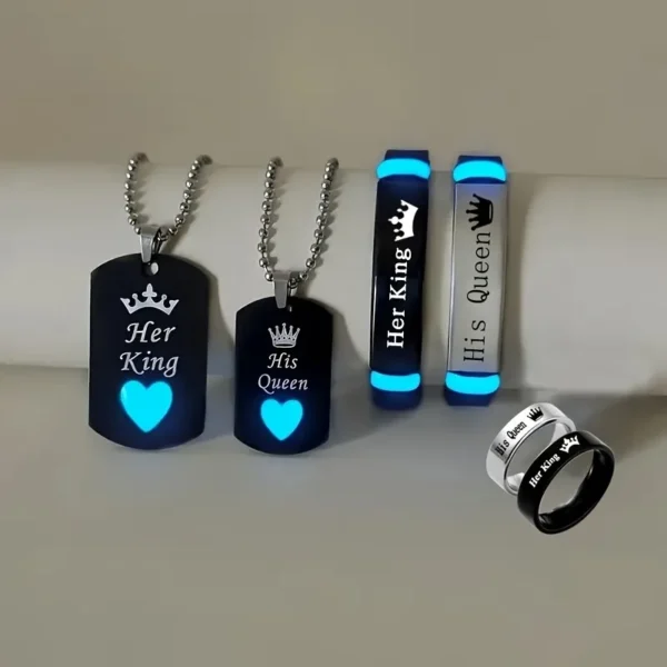 Stainless Steel Luminous Her King&His Queen Crown Jewelry Sets for Women Necklace Bracelet Ring Statement Couple Jewelry Gifts