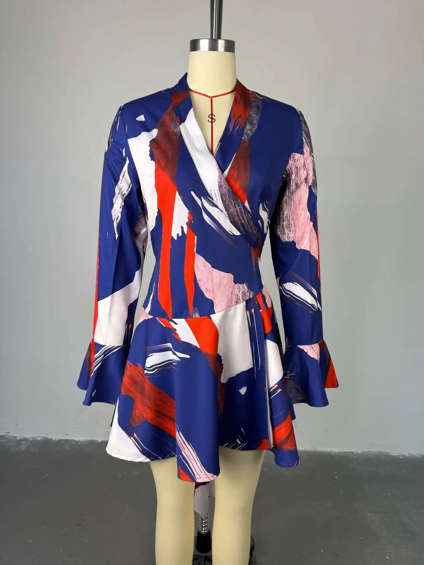 Women’s Clothing 2025 Summer New Sweet Fresh Printed V-neck Tie Bell Sleeve High Waist Dress Short Skirt Vestido Women Elegant