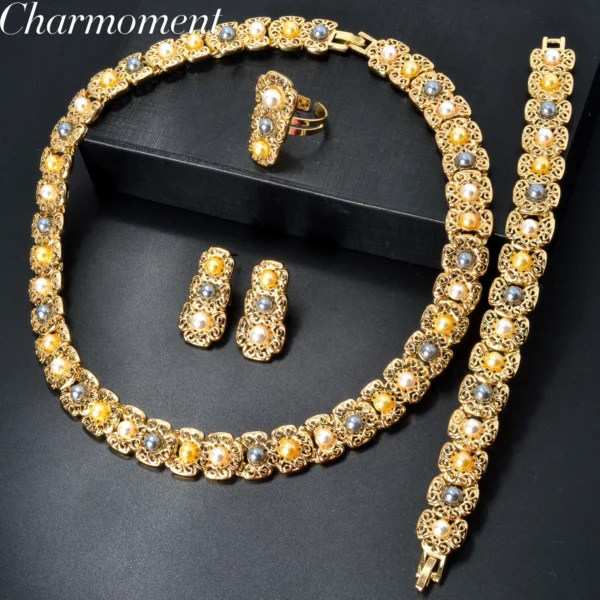 Dubai Luxury Quality Jewelry Set For Women Trend Pearl Necklace Bracelet Ring Earrings Jewelry Set 18k Gold Plated Jewelry