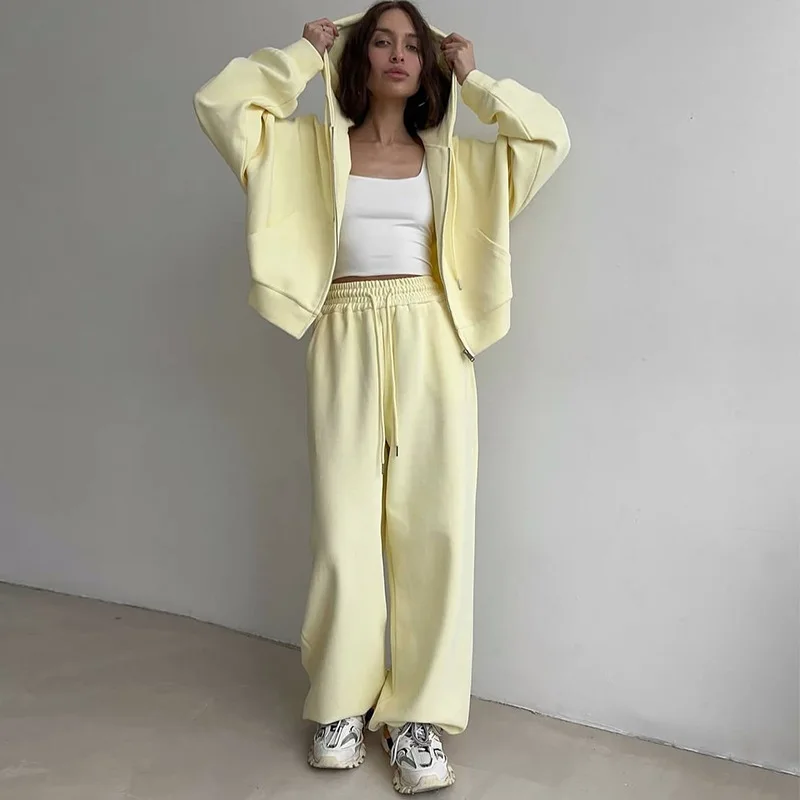 Women’s clothing 2025 autumn and winter new item solid color sports casual sweatshirt jacket wide leg pants two-piece set