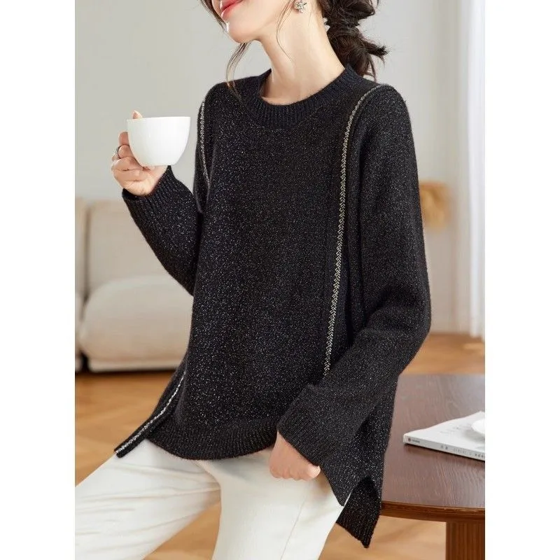 Women’s Clothing New Autumn Style Round Neck Sweater Loose Fit to Cover Belly Pullovers Casual Splicing Jumpers