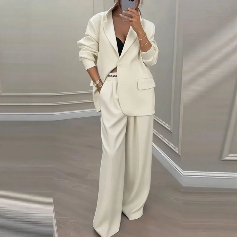 Women’s Pants Suit Loose Solid Color Autumn Winter Commuting Long sleeved Lapel Top Wide leg Trousers Two piece Set Clothing