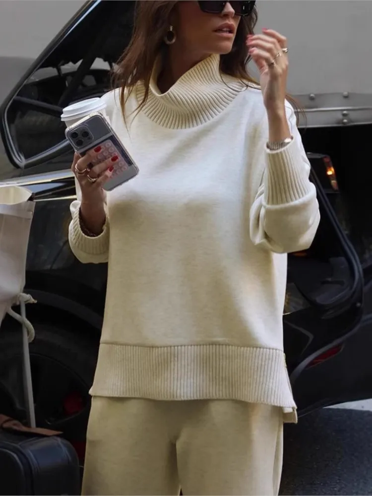 Women Autumn 2 Piece Set Casual Simple Solid Long Sleeve Turtleneck Pullover Top Loose Wide Legs Pants Sets 2025 Lady Outfit