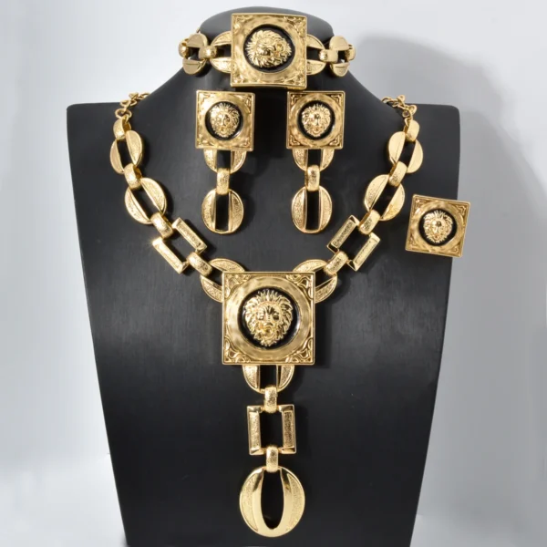 Gold Plated Jewelry Set  For Women African Indian Dubai Wedding Jewellery Luxury Choker Necklace Bracelet Earring Cuff Rings