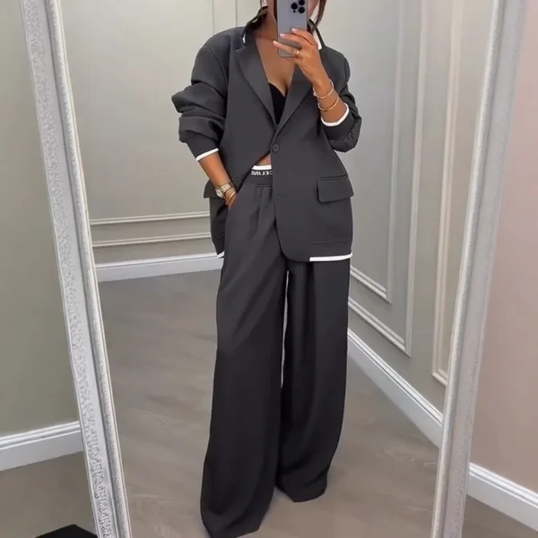 Women Suit Jacket Pants 2 Pieces Set Coat Wide Leg Trousers Outfits Single Breasted Turn Down Collar Office Lady Ensemble Autumn