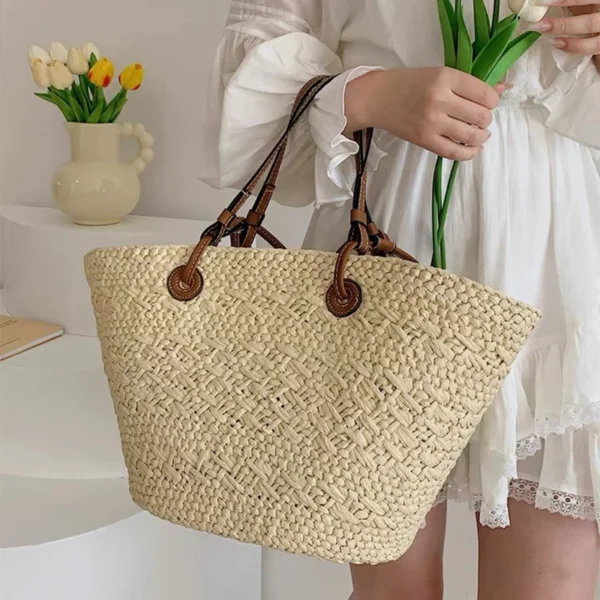 Handmade Straw Tote Bag Large Capacity Woven Brand Design Light Luxury Versatile Beach Vacation Exquisite Hand-held Shoulder Bag