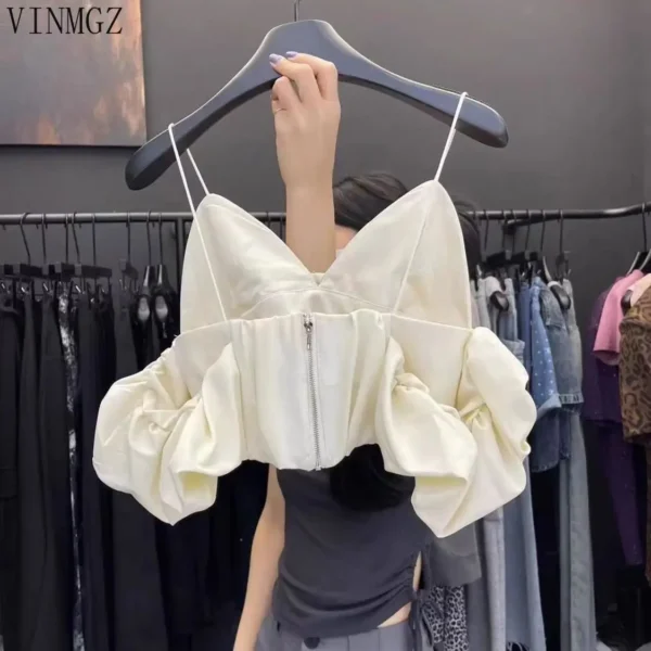 Women's clothing 2025 spring and summer new V-neck off-the-shoulder bubble sleeve pleated short suspender vest women