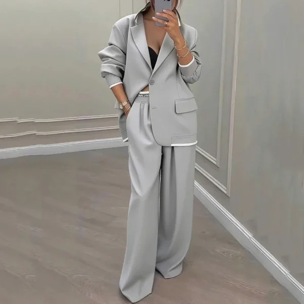Women's Pants Suit Loose Solid Color Autumn Winter Commuting Long sleeved Lapel Top Wide leg Trousers Two piece Set Clothing