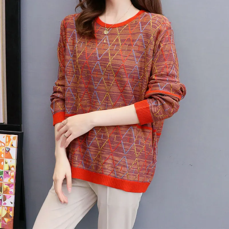 Women’s Clothing 2025 Geometric Contrasting Colors Pullovers Autumn Winter Fashion Patchwork Korean All-match Round Neck T-shirt