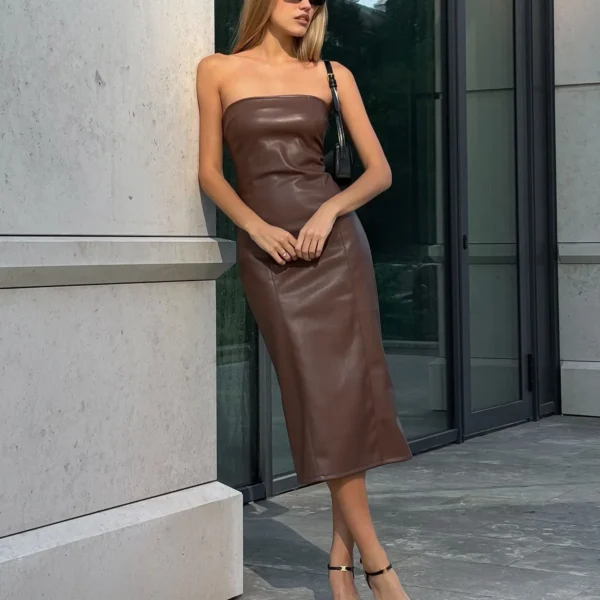 American women's clothing  autumn winter sexy tube top dress PU leather solid color temperament skirt split ends slim fit