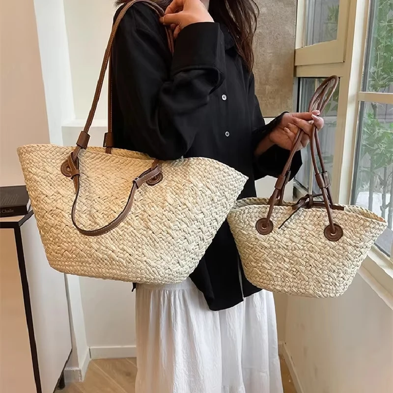 Handmade Straw Tote Bag Large Capacity Woven Brand Design Light Luxury Versatile Beach Vacation Exquisite Hand-held Shoulder Bag