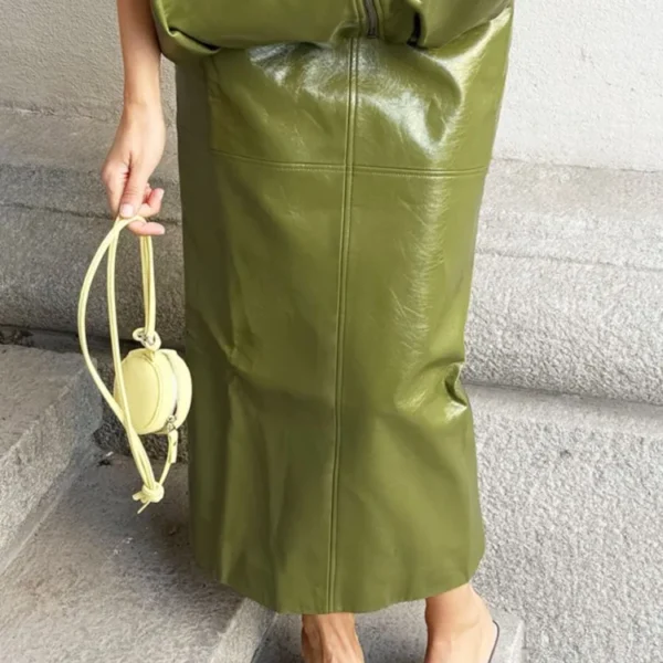 Women's Clothing PU Skirt Fashion Solid Color All-match Long Skirts Simple Style Package Hip Bodycon temperament Elegant Trendy