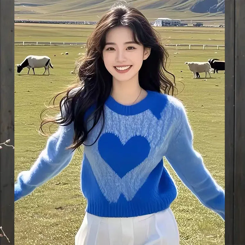 Women’s Clothing Casual Blue Love Sweaters Autumn/winter New Long Sleeve Loose Gentle Pullover Lady O-neck All-match Fashion Top