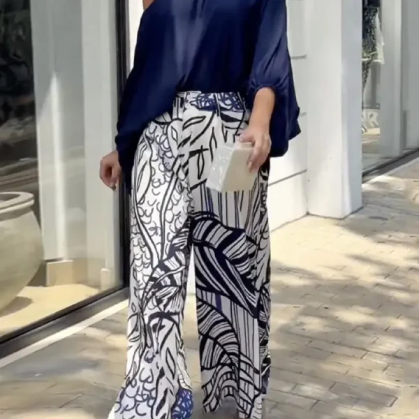 Missuoo Women's 2025 Spring New Elegant Sets One-shoulder Puff Sleeves T-shirt & High Waisted Printed Wide Leg Pants Casual Suit