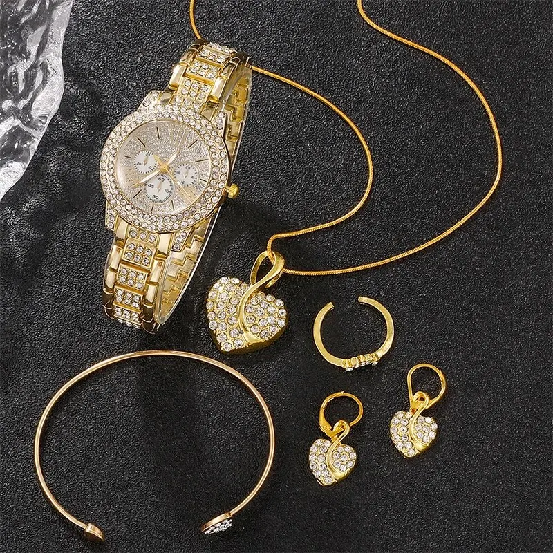 Women’s Quartz Watch Gold Luxury Women Ring Necklace Earring Rhinestone Fashion Wristwatch Casual Ladies Watches Jewelry Set