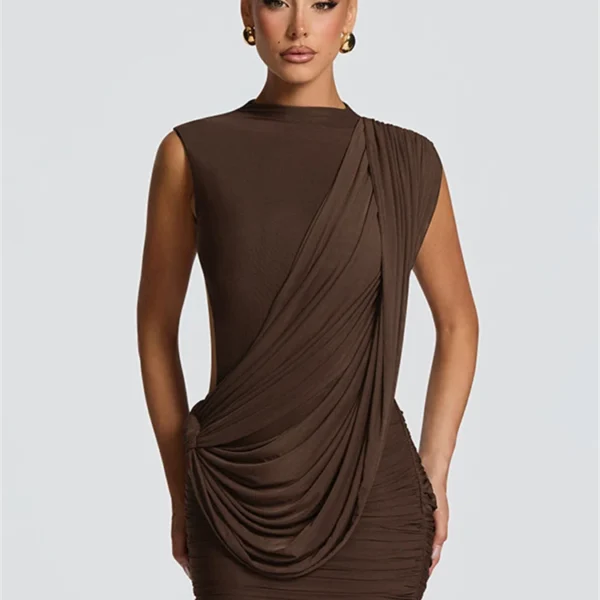 Nsauye Casual Women Pullover Short Fashion Evening Party Basic Dress Backless O Neck Sexy Night Club Brown Elegant Dress Summer
