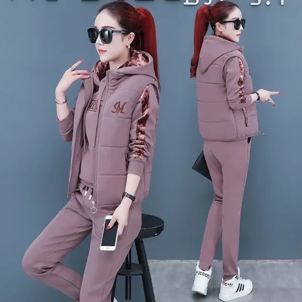 Women's Casual Fashion Autumn Winter New Sweat Suit Plush Thickened Hooded Tops and Waistcoat Pants 3 Three Piece Sets For Women