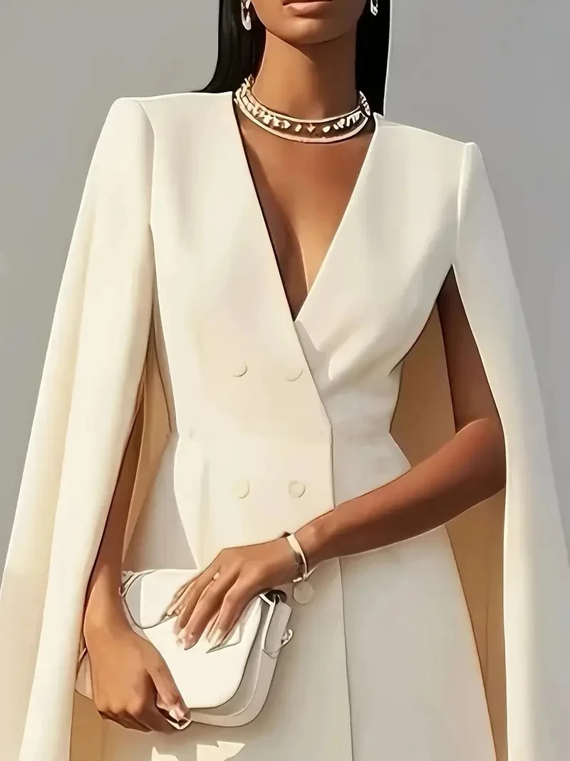 Women’s suit dress for autumn office wear, double-breasted cape-like cloak, solid color V-neck suit jacket