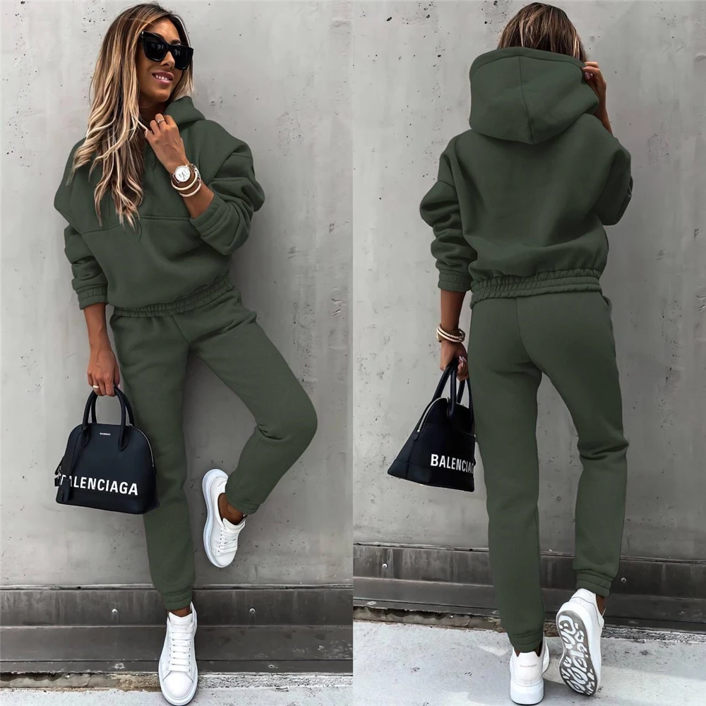Women Trouser Suits 2 Piece Set Tracksuit Female Sweatshirt Solid Sports Hoodie Sportswear Lady Pants Suit Pullover Outfits Tops