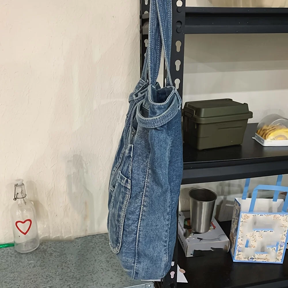Casual Handbag Large Capacity Denim Tote Bag Fashionable Everything High Appearance Level Shoulder Bag Commuter Underarm Bag - Image 4