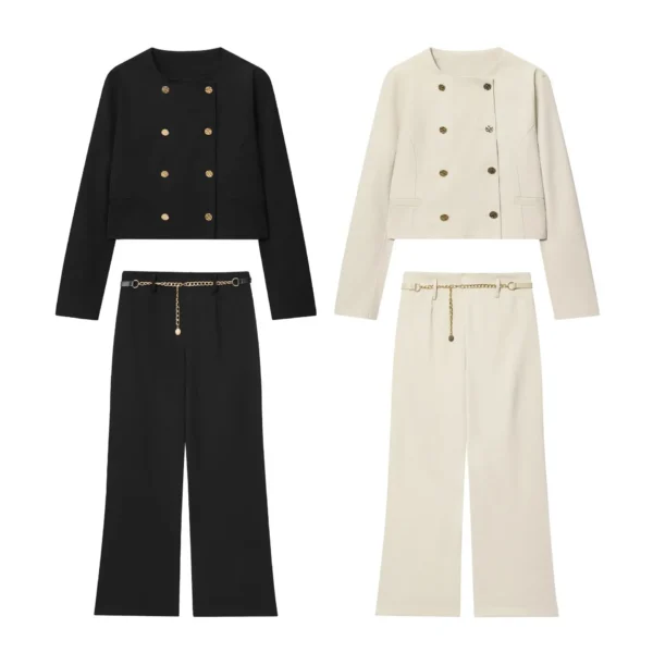 European and American style women's clothing autumn new fashion short style double breasted suit jacket high waisted pants