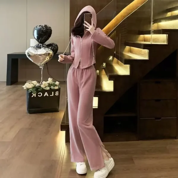Casual Sports Suit for Women in Spring Autumn New Style Loose Short Hooded Top Drapey Slit Wide Leg Pants Two-piece Set