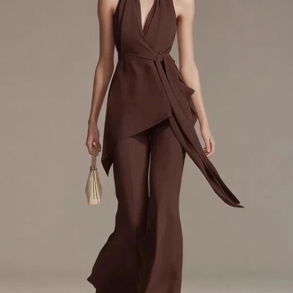 Women's Casual Sleeveless Lace-Up Solid Outfits Fashion Simples Draped 2Pc Suits Sexy Halter Backless Top & Wide Leg Pant Sets